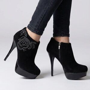 Bamboo Booties Womens 9 Black Suede Platform Heels Studded Rose Design Zip Side